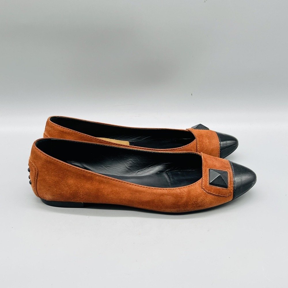 Tod's Ballet Flats Womens 6.5 Brown Suede Studded Cap Toe Gommini Comfort